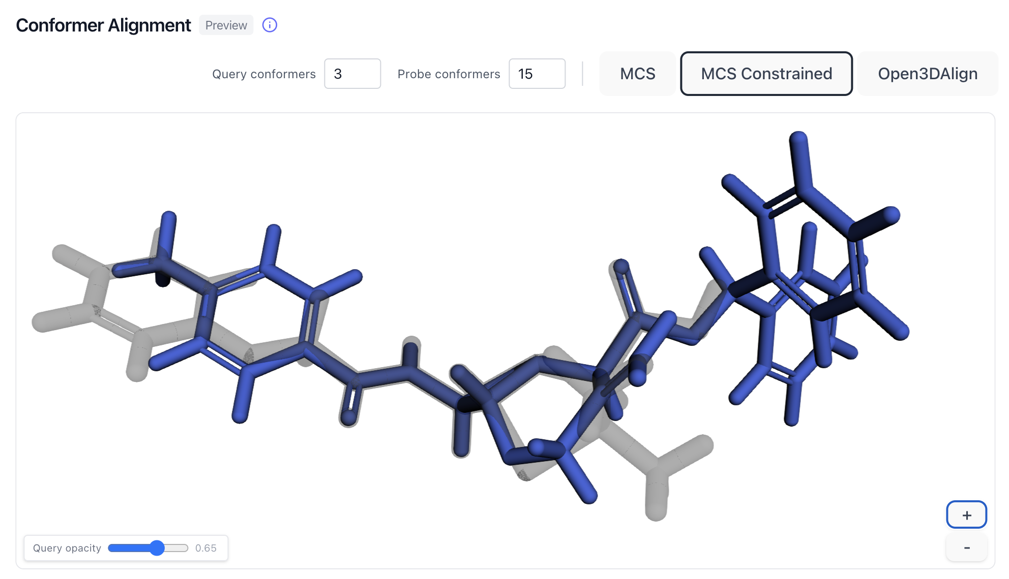 Conformer alignment view in CHEESE Search showing MCS Constrained overlay of query and hit molecules