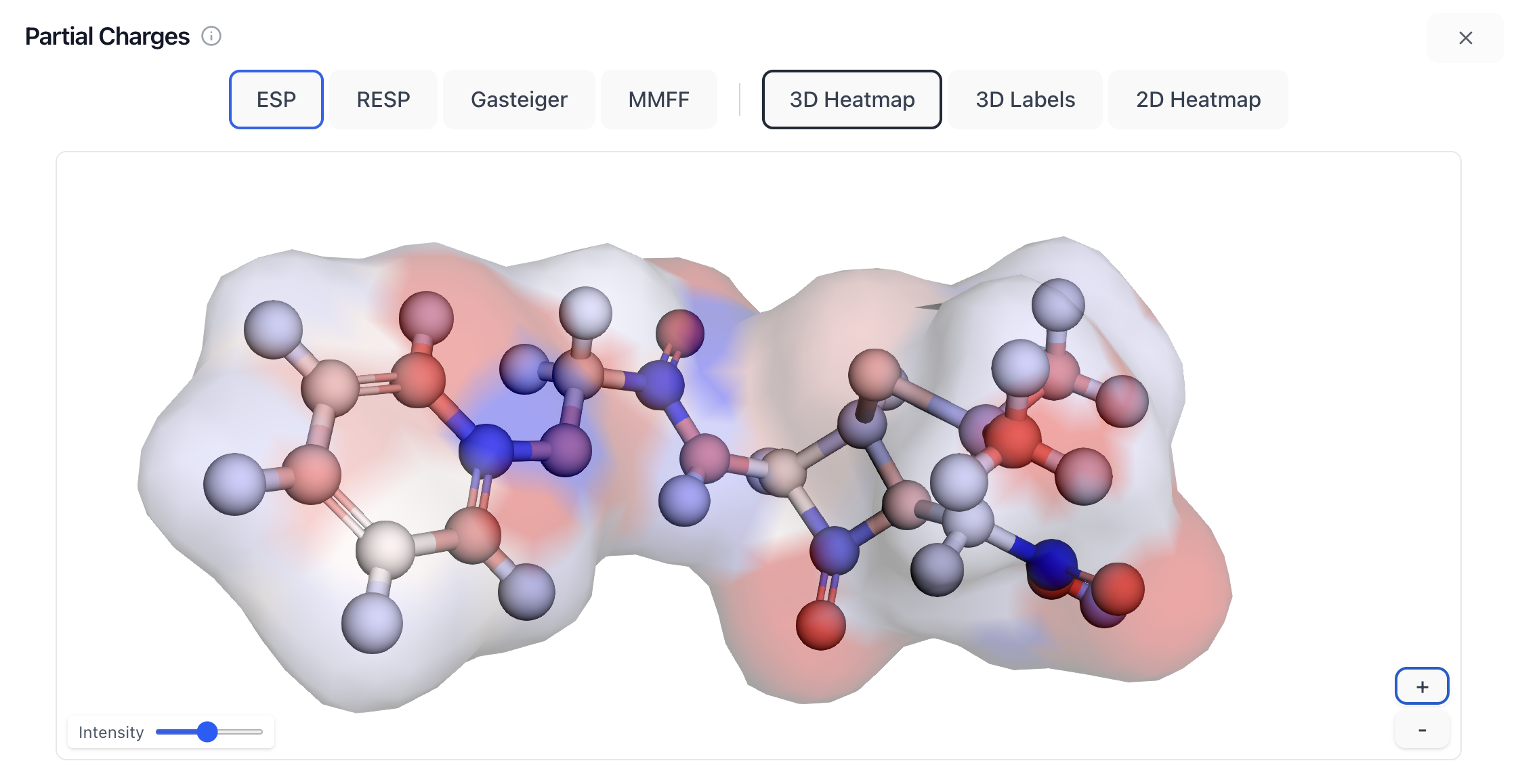 Partial charges visualization in CHEESE Search showing 3D heatmap with ESP model